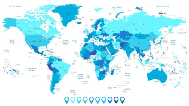 Vector illustration of Detailed World Map in colors of blue and map pointers