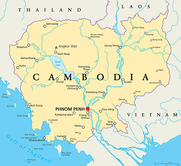 Cambodia Political Map Cambodia political map with capital Phnom Penh, national borders, important cities, rivers and lakes. Kingdom in Indochina, Southeast Asia, once known as Khmer Empire. English labeling. Illustration angkor wat map stock illustrations