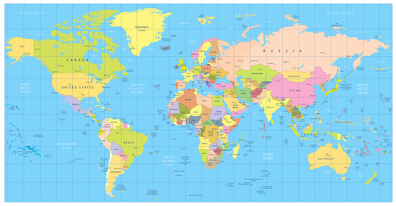 Detailed political World Map: countries, cities, water objects. All elements are separated in editable layers clearly labeled.