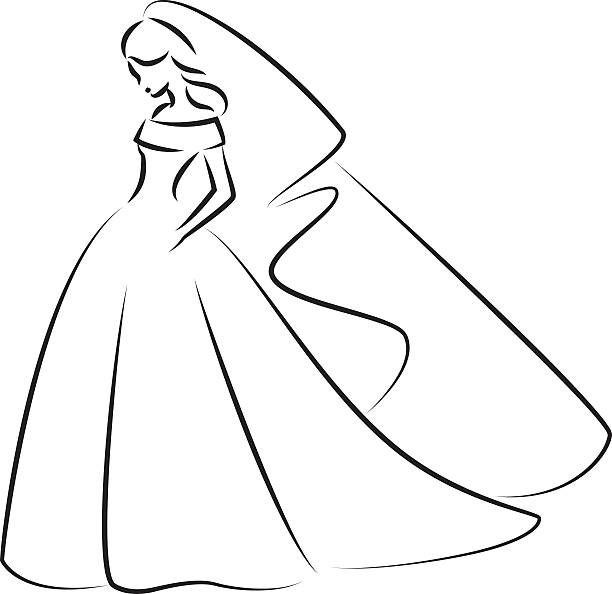 Abstract outline illustration of a young elegant bride in dress Abstract outline illustration of a young elegant bride in wedding dress with veil over her head. Sketch illustration or logo for your design silhouette of a prom dress sketches stock illustrations