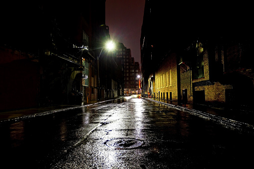 Long dark inner city Street in Boston, Massachusetts