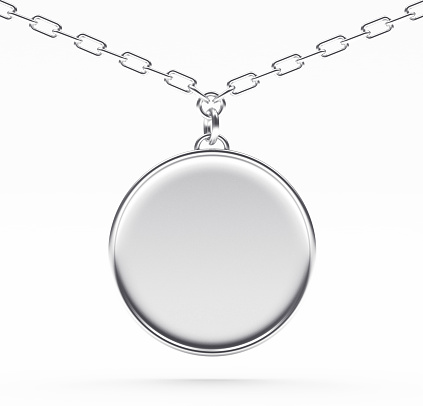 Silver blank round medallion or medal on a chain isolated on white background.