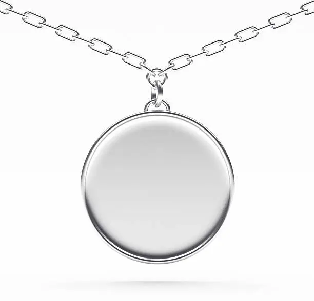 Silver blank round medallion or medal on a chain isolated on white background.