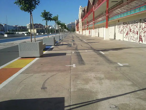 The pitlane of the Valencia Street Circuit open-wheel single-seater racing car track on a non-race day.