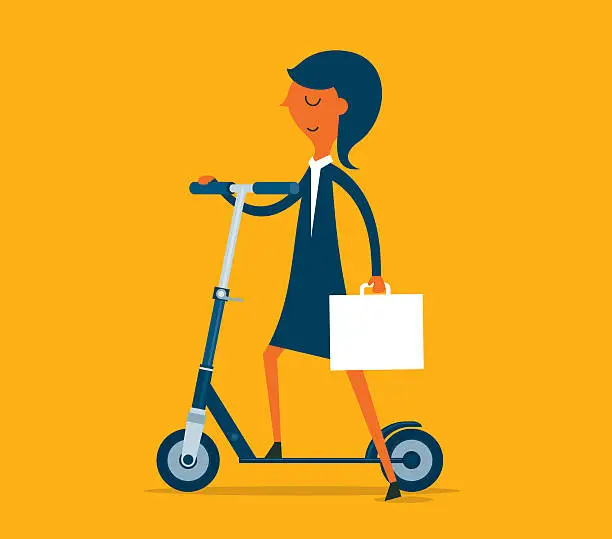 Vector illustration of Businesswoman Riding Push Scooter