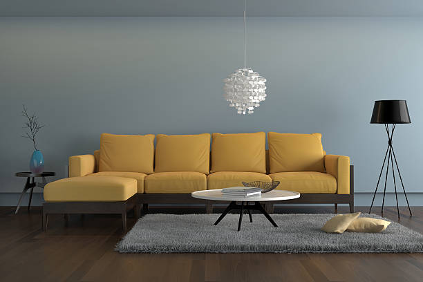 sala de estar contemporánea con sofá amarillo con pared azul claro - bedding cushion purple pillow fotografías e imágenes de stock