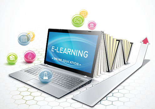 The concept of e-learning. Education online. Laptop as an ebook. Getting an education. Vector illustration.