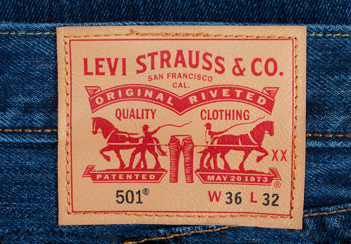 Helston, United Kingdom - July8, 2016: Close-up image of Levi's branding label. Levi Strauss is one of the world's oldest and most well known jeans manufacturers.