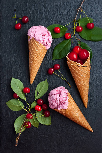 istock Tasty ice cream  with cherry in wafer cone 545455132