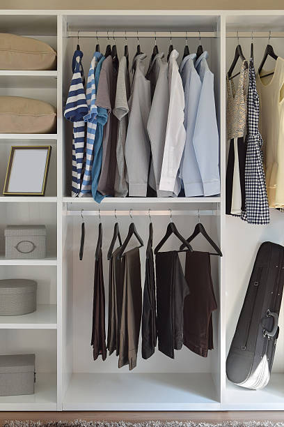 istock modern closet with row of cloths hanging in white wardrobe 545455348