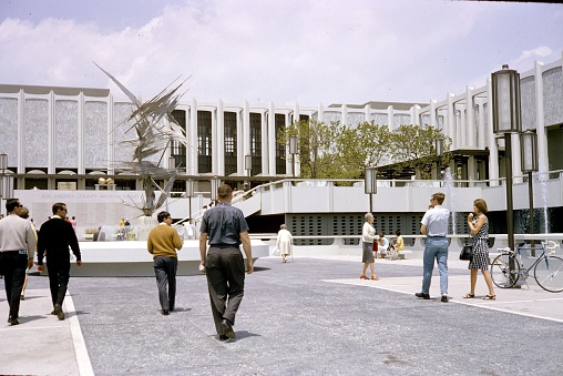 Los Angeles, California, USA, September 9, 1967. Main entrance with visitors of MOCA. The Museum of Modern Art has an extensive collection of Avangard, conceptional and minimalist art, and the best works of abstrackten Expressionism and Pop Art.