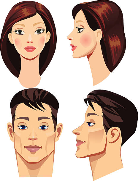 faces of brunettes men and woman in straight and profile vector art illustration