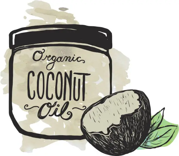 Vector illustration of Coconut Oil label and jar on textured background