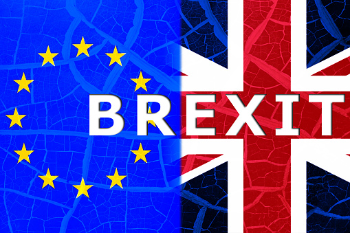 brexit, half of EU and united kingdom flag on cracking background, vote for united kingdom exit concept