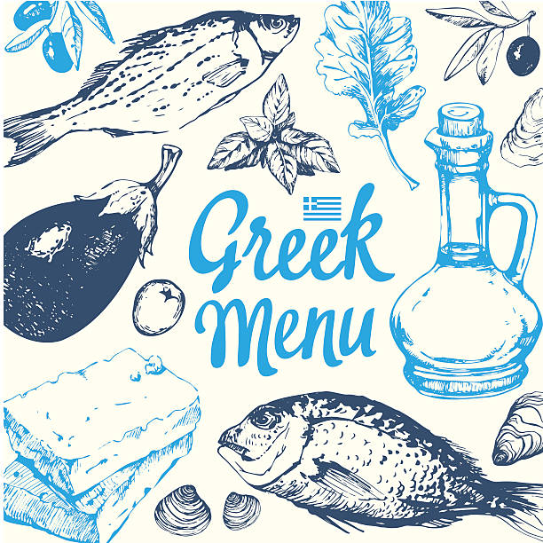 Background with greek food. Menu pattern. Vector illustration with fish, olive oil, cheese and vegetables. Sketch design. Mediterranean traditional products in sketch style. Greek homemade traditional food on white background. greek food stock illustrations