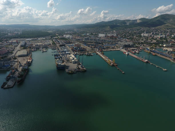 istock Industrial seaport, top view. Port cranes and cargo ships. 545549576