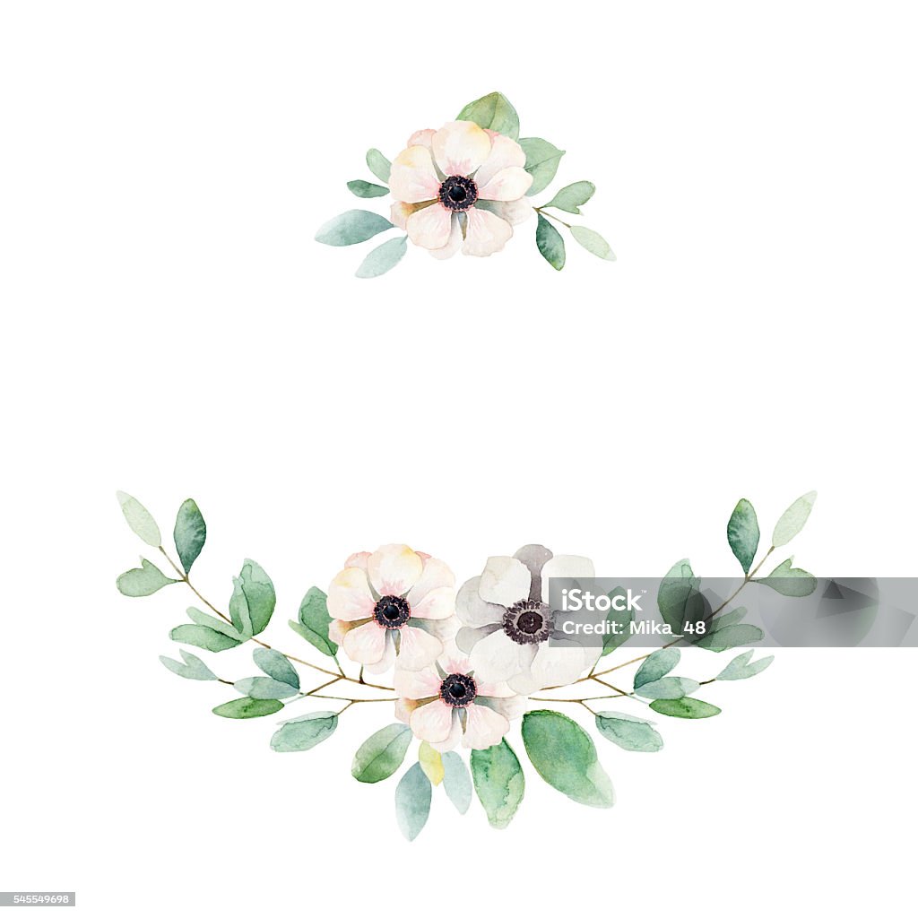 Floral composition with anemones and leaves Floral composition with anemones and leaves. Watercolor illustration Flower stock illustration