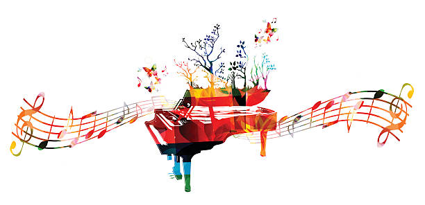 ilustrações, clipart, desenhos animados e ícones de fundo de música colorido com notas de piano e música - music musical note treble clef dancing