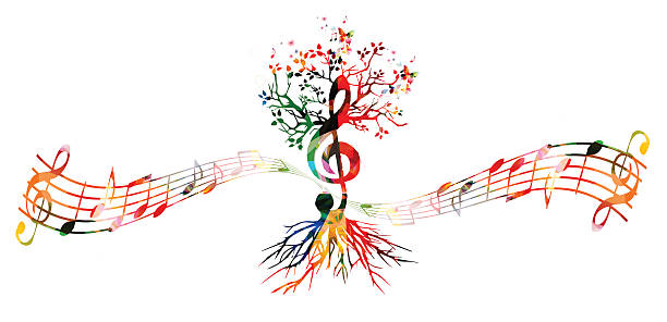 bunter musikhintergrund mit g-schlüsselbaum - music musical note treble clef dancing stock-grafiken, -clipart, -cartoons und -symbole