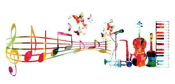 illustrazioni stock, clip art, cartoni animati e icone di tendenza di sfondo musicale colorato con strumenti musicali e note - musical instrument violin sheet music music