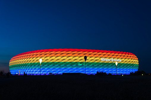 Munich, Germany - 9 July 2016: Allianz Arena illuminated in rainbow light on Christopher Street Day 