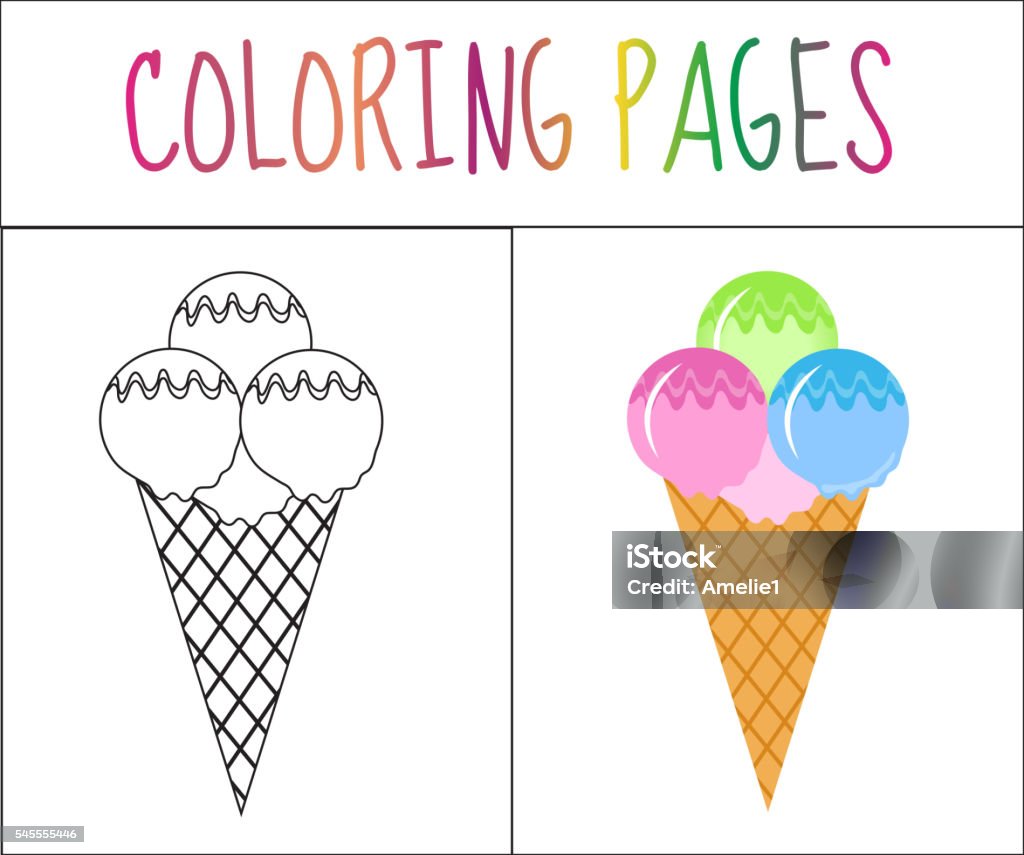 Coloring book page. Ice cream. Sketch and color version. Coloring book page. Ice cream. Sketch and color version. Coloring for kids. Vector illustration Adult stock vector