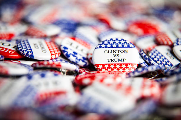 Election Vote Buttons La Habra, United States - July 8, 2016: Close up of Vote election buttons, with red, white, blue and stars and stripes. Hillary Clinton is the democrat candidate and Donald Trump is the republican candidate for President of the United States hillary clinton stock pictures, royalty-free photos & images