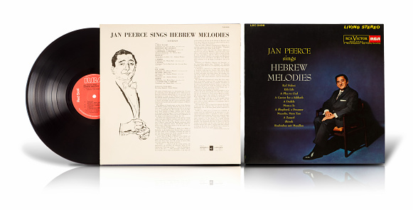 Rishon Le Zion, Israel - July 7, 2016:  Old vinyl album Jan Peerce Sings Hebrew Melodies. Record compilation of Jewish songs in Hebrew and Yiddish. Album cover, back and half of vinyl disc are taken together on white background