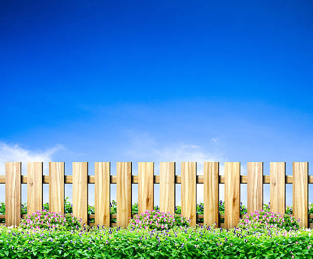 istock Green grass and wood fence on blue sky background 545563148