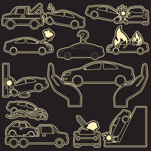 car insurance icons in stripe pattern line Car crash and car insurance icons in stripe pattern line. In vector style car hailstorm stock illustrations