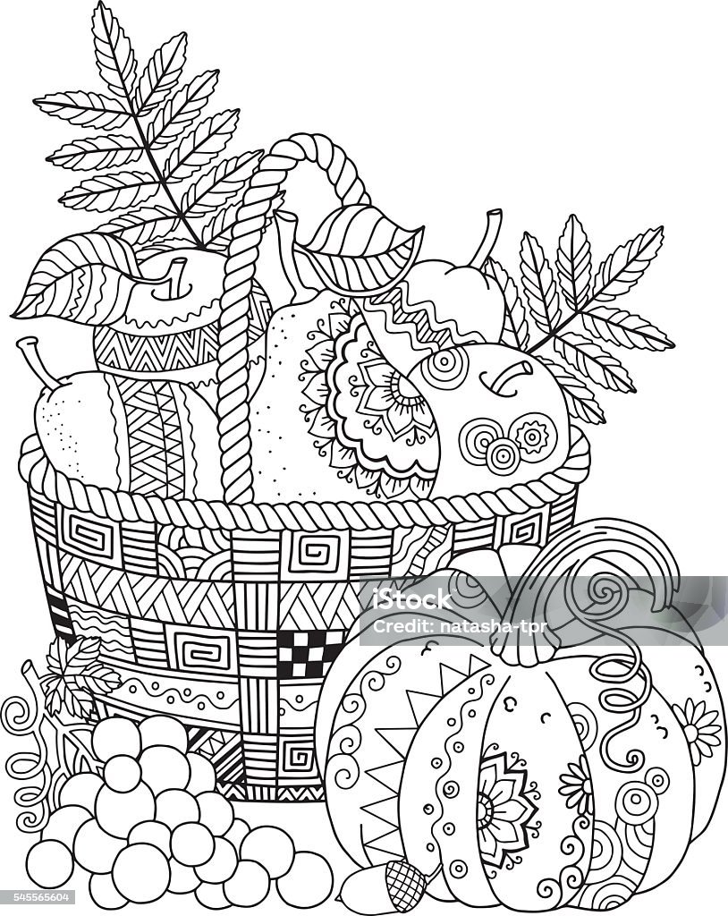 Basket with harvest fruits, pumpkin and grape. Thanksgiving Day. Autumn harvest Basket with harvest fruits, pumpkin and grape. Thanksgiving Day. Autumn harvest. Coloring book for adult meditation and relax. Coloring Book Page - Illlustration Technique stock vector