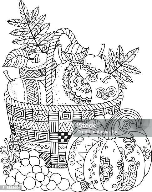 Basket With Harvest Fruits Pumpkin And Grape Thanksgiving Day Autumn Harvest Stock Illustration - Download Image Now