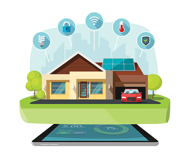 Smart home modern future house vector illustration, solar energy technology Smart home modern future house vector illustration flat, lighting, heating, air conditioning, saving energy efficiency, security safety, sun solar module power control technology centralized systems energy conservation posters drawing stock illustrations