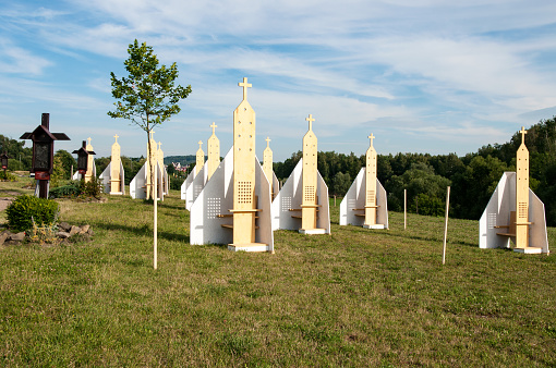 Simple outdoor confessionals in Krakow, Poland, prepared for the World Youth Day 2016 at the Way of the Cross near the Sanctuary of Divine Mercy in Lagiewniki