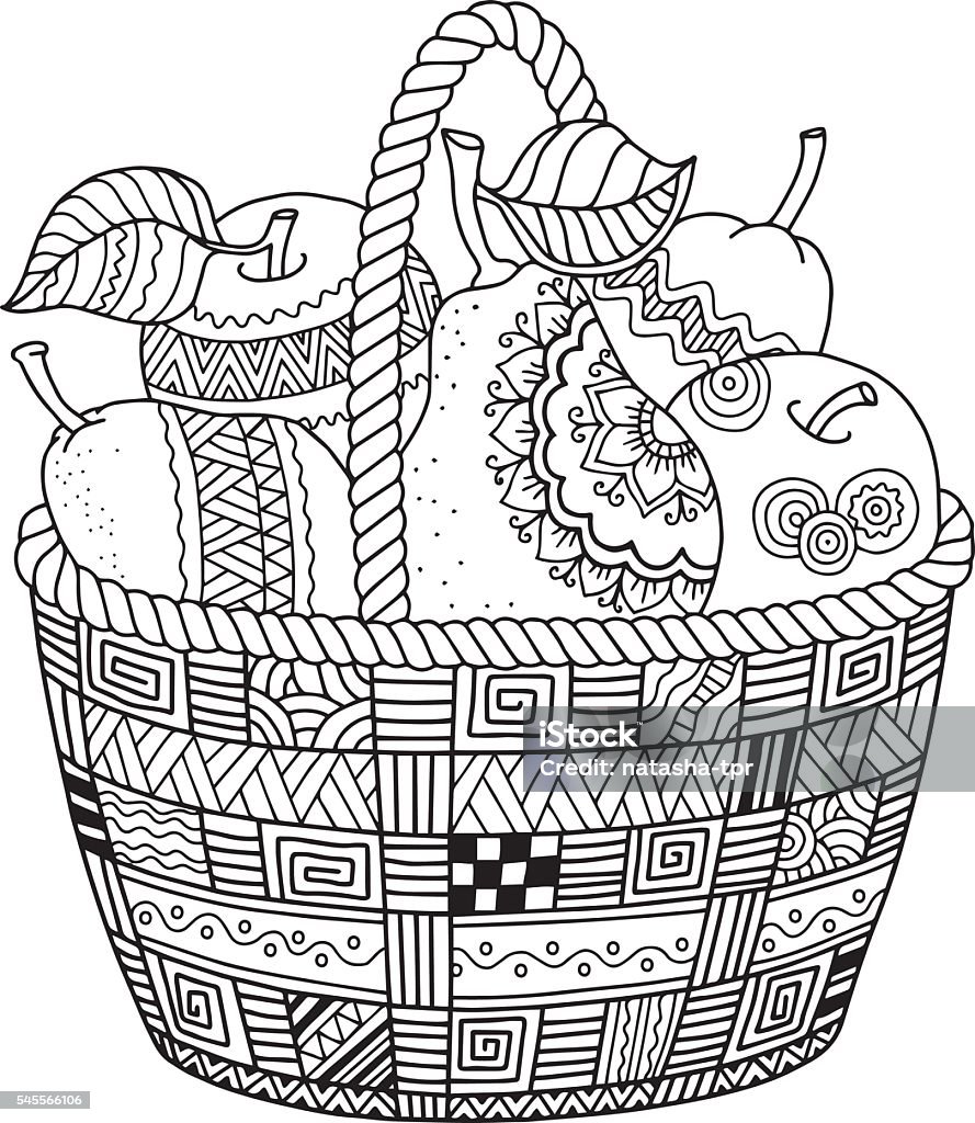 Basket with harvest fruits. Thanksgiving Day. Autumn harvest. Basket with harvest fruits. Thanksgiving Day. Autumn harvest. Coloring book for adult meditetion and relax. Coloring stock vector