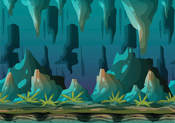 ilustrações, clipart, desenhos animados e ícones de paisagem de caverna vetorial de desenho animado com camadas separadas - stalactite