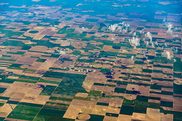 istock Aerial view to patchwork's fields in middle Kansas, USA 545567952