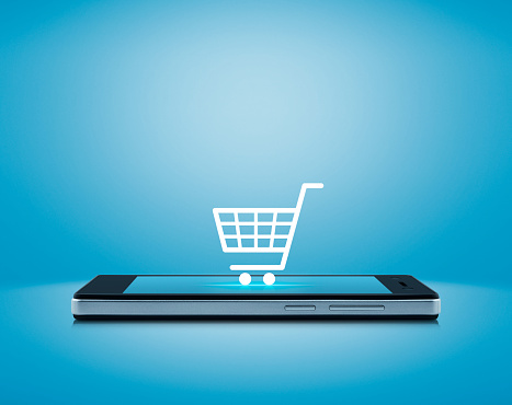 Shopping cart icon on smart phone screen, Shop online concept