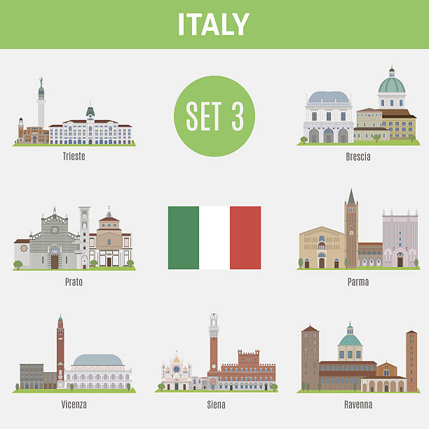 illustrazioni stock, clip art, cartoni animati e icone di tendenza di luoghi famosi città italiane. set 3 - romagna