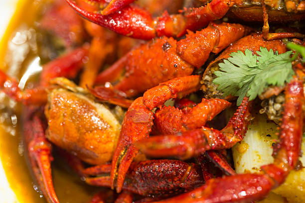many cooked crayfish close up