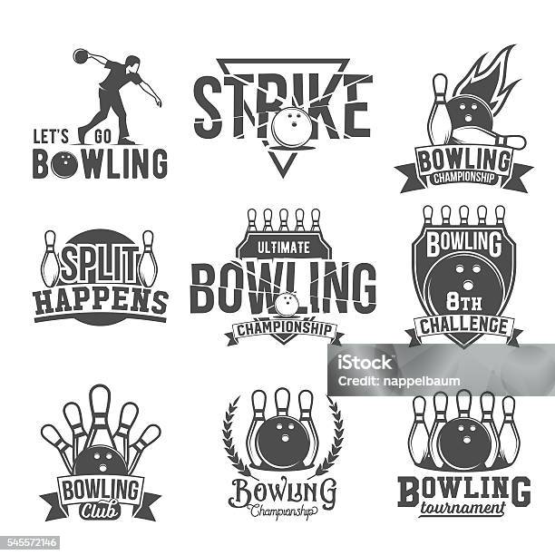 Satz Von Bowlingemblemen Etiketten Abzeichen Und Entworfenen Elementen Stock Vektor Art und mehr Bilder von Bowling