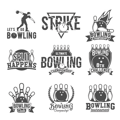 Bowling vector logotypes, emblems and badges set. Club gaming play, skittle and strike illustration. Template for bowling club, tournament, champion, challenge.