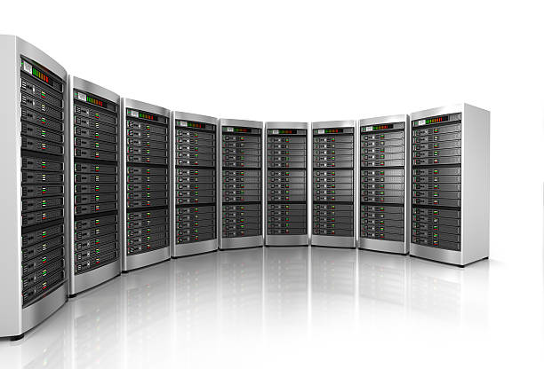 Row of network servers in data center Row of network servers in data center isolated on white background network server rack isolated three dimensional shape stock pictures, royalty-free photos & images