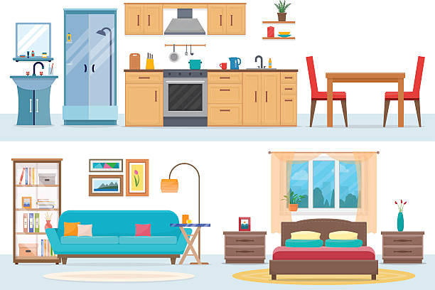 Apartment inside Apartment inside. Detailed modern house interior. Rooms with furniture. Flat style vector illustration. bedroom borders stock illustrations