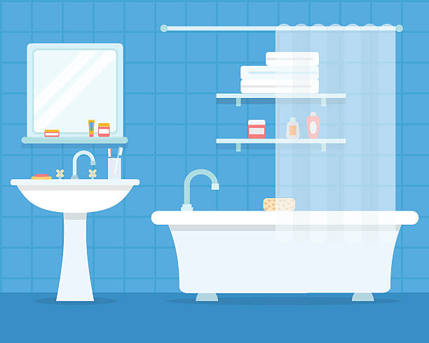 Bathroom with furniture Bathroom with furniture and long shadows. Flat style vector illustration. mirror object patterns stock illustrations