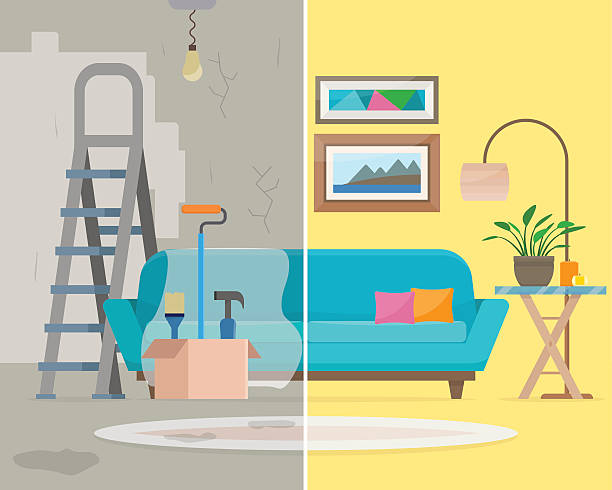 pokój przed i po naprawie. - home improvement illustrations stock illustrations