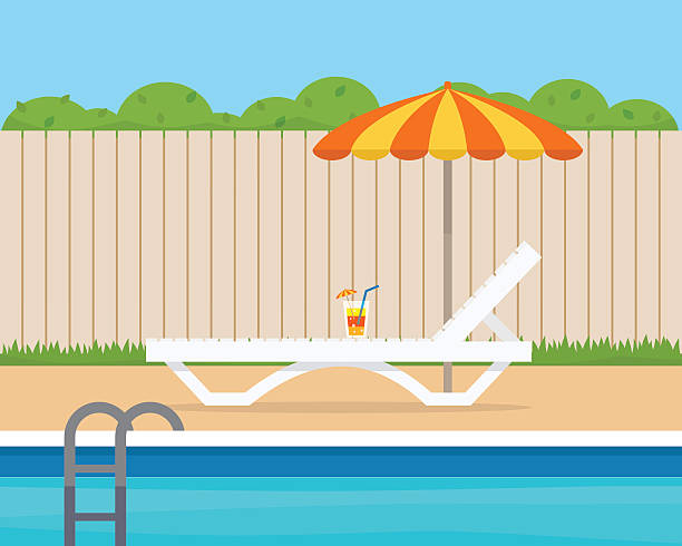 lounge mit sonnenschirm in der nähe des pools - summer party drink umbrella concepts stock-grafiken, -clipart, -cartoons und -symbole