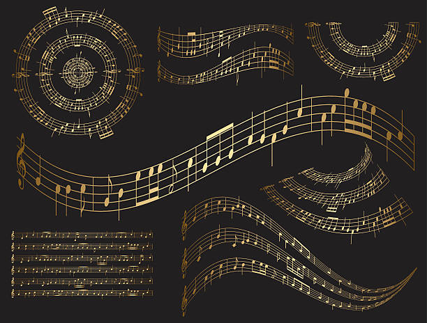 gold musikalische design-elemente auf schwarz - vektor-set - black gold abstract spiral stock-grafiken, -clipart, -cartoons und -symbole