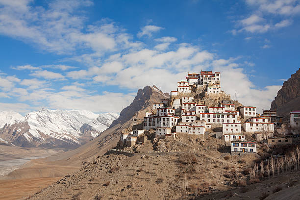 Key Gompa Monastery Sunrise Picturesque view of the Key Gompa Monastery (4166 m) at sunrise. Spiti valley, Himachal Pradesh, India. gompa stock pictures, royalty-free photos & images