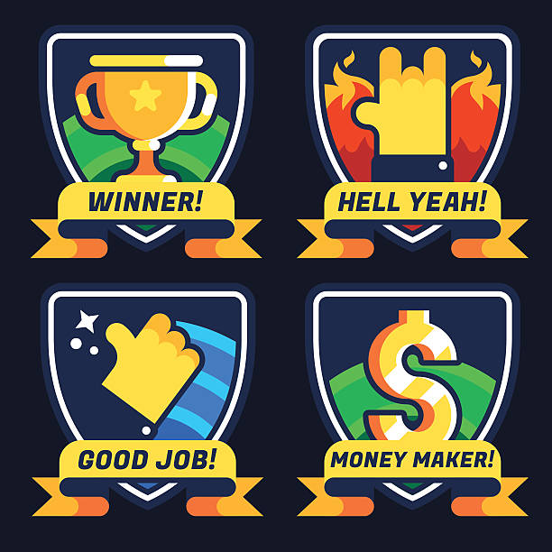Achievement Badges Business badges. Motivation and achievement. Winner, Hell Yeah, Good Job, Money Maker. Vector flat gamification icons. gamification badge stock illustrations